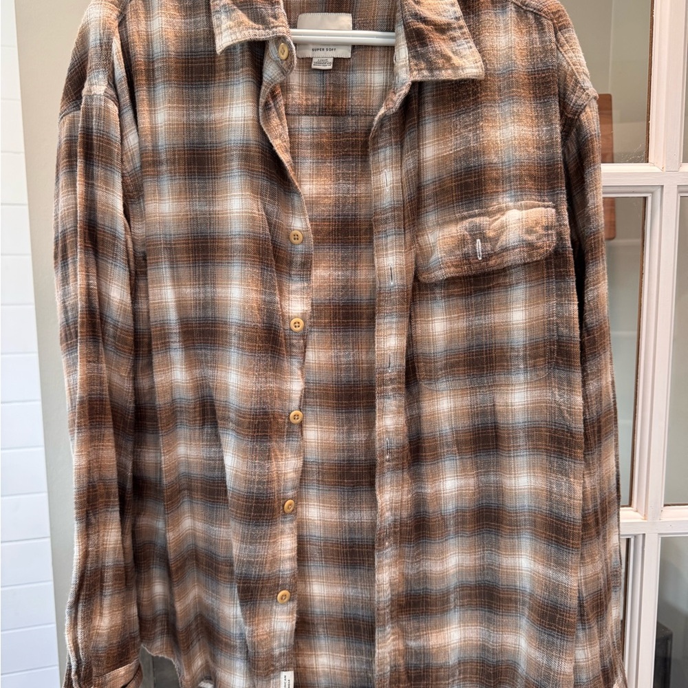 American Eagle Outfitters Brown and White Plaid Shirt